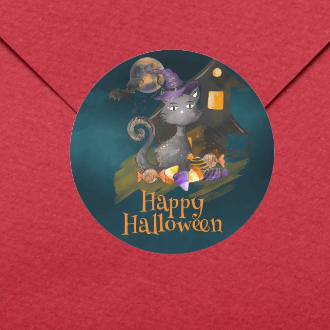 Adesivo Gato Preto de Aquarela com doces, Halloween (Criador carregado)