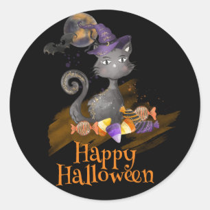 Adesivo Gato Preto de Aquarela com doces, Halloween
