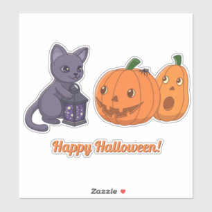 Adesivo Gato Preto de Halloween, Abóboras, Lanterna Mágica
