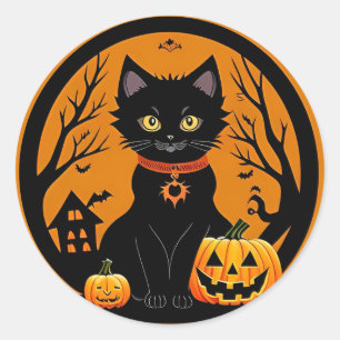 Adesivo Gato Preto de Halloween Cercado por Abóboras de Ha