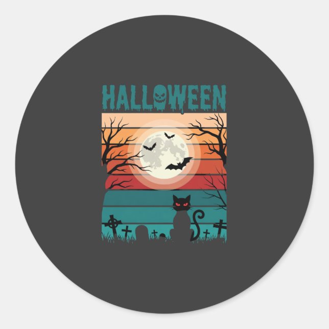 Adesivo Gato Preto De Halloween Lua Cemitério Vetor Retro  (Frente)