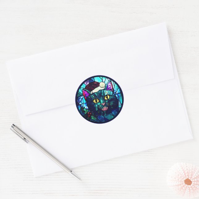 Adesivo Gato Preto de Natal com Vitral Miando (Envelope)