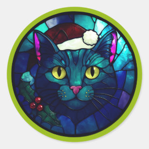 Adesivo Gato Preto de Natal em Chapéu Vermelho em Vitral