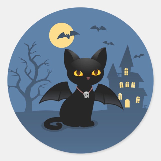 Adesivo Gato Preto de Vampiro de Halloween com Asas (Frente)