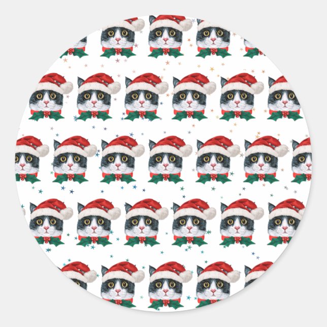 Adesivo Gato Preto e Branco Fofo Com Chapéu de Papai Noel  (Frente)