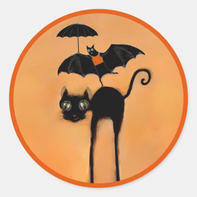 Adesivo Gato Preto e Morcego Engraçados de Halloween (Frente)