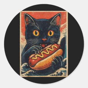 Adesivo Gato Preto Engraçado Comendo Cachorro Quente Japon