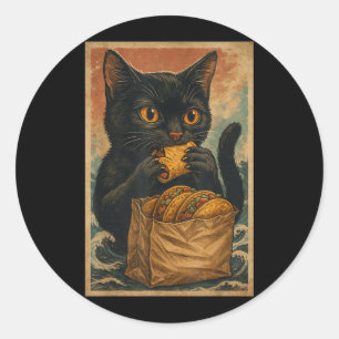 Adesivo Gato Preto Engraçado Comendo Tacos Retro Japonês