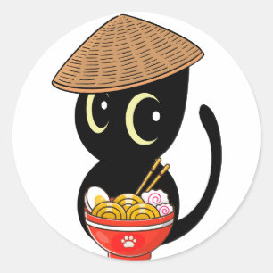 Adesivo Gato preto engraçado está comendo macarrão