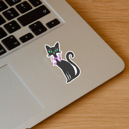Adesivo Gato Preto Esbelto Bonito Olhos Verdes Laço Rosa