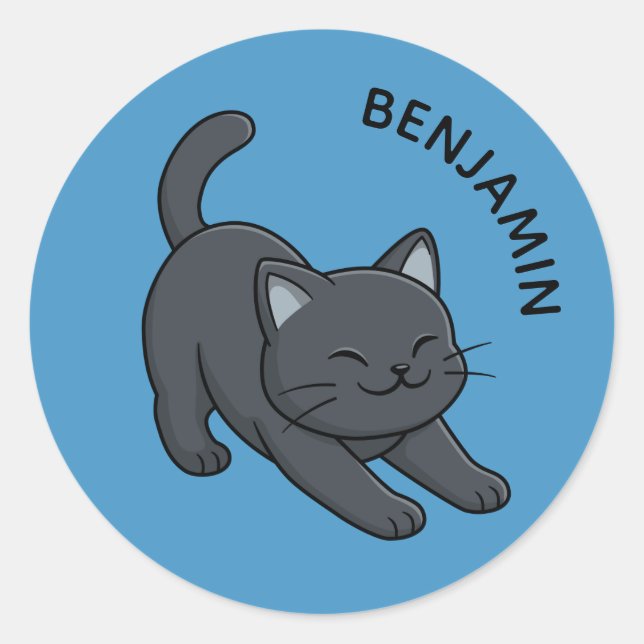 Adesivo Gato Preto Esticado no Azul com Nome Personalizado (Frente)