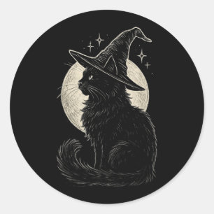 Adesivo Gato Preto Fofo Chapéu de Bruxa Lua Retro Coquette