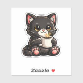 Adesivo Gato Preto Fofo com Café