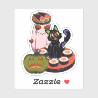Adesivo Gato Preto Fofo de Halloween Sentado em Sushi