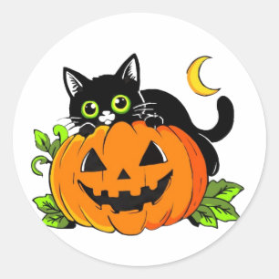 Adesivo Gato Preto Fofo no Abóbora de Halloween Jack-O'-La