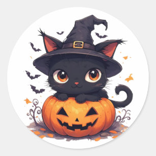 Adesivo Gato Preto Kawaii Segurando Abóbora Halloween 🎃