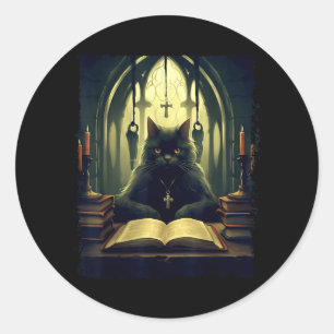 Adesivo Gato Preto Lê Livro Na Igreja Gótico Halloween