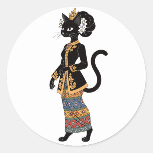 Adesivo Gato Preto na Arte Tradicional de Kebaya em Batik