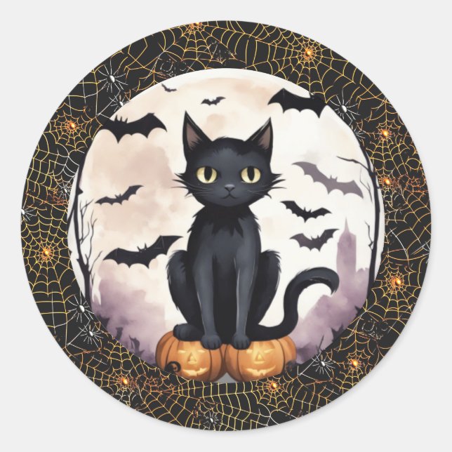 Adesivo Gato Preto na Pumpkins e Bats Halloween Sticker (Frente)