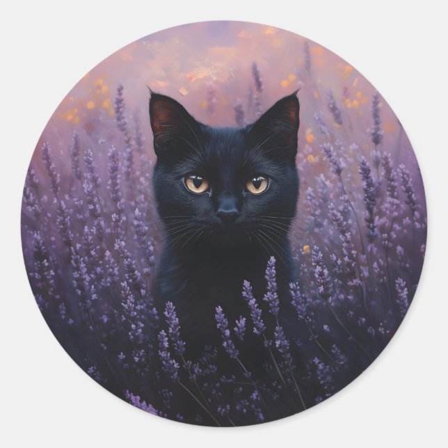 Adesivo Gato Preto numa Ilustração de Campo de Lavanda (Frente)
