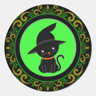 Adesivo Gato Preto Verde Amarelo Com Halloween De Bruxa