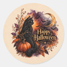 Gato Preto Vintage Feliz Halloween Aquarela Redond
