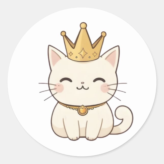 Adesivo Gato Real com Coroa Dourada Design Kawaii (Frente)