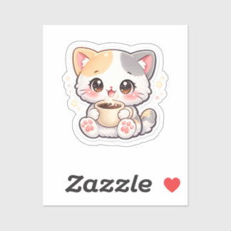 Adesivo Gato Retangular de Café Kawaii – Gatinho Fofo