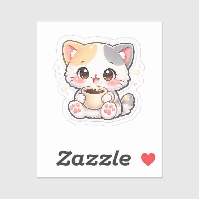 Adesivo Gato Retangular de Café Kawaii – Gatinho Fofo (Folha)