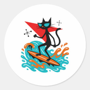 Adesivo Gato Retro Engraçado Surfando Tema Meio do Século
