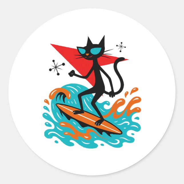 Adesivo Gato Retro Engraçado Surfando Tema Meio do Século (Frente)