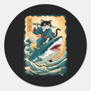 Adesivo Gato Samurai Engraçado Andando em Tubarão Vintage