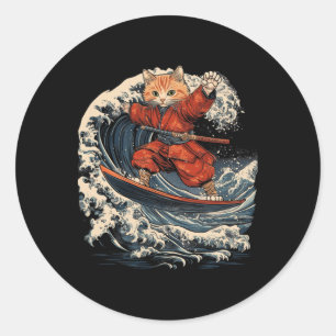 Adesivo Gato Samurai Surfando Grande Onda Ronin Katana
