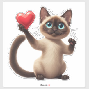 Adesivo Gato Siames Cute Abraçando Coração Vermelho Com Am