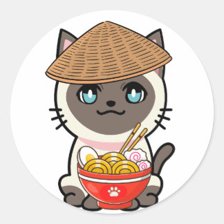 Adesivo Gato siamês engraçado come macarrão