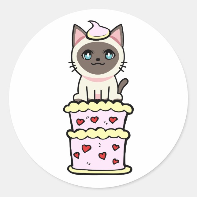 Adesivo Gato siamês engraçado pulando de um bolo (Frente)