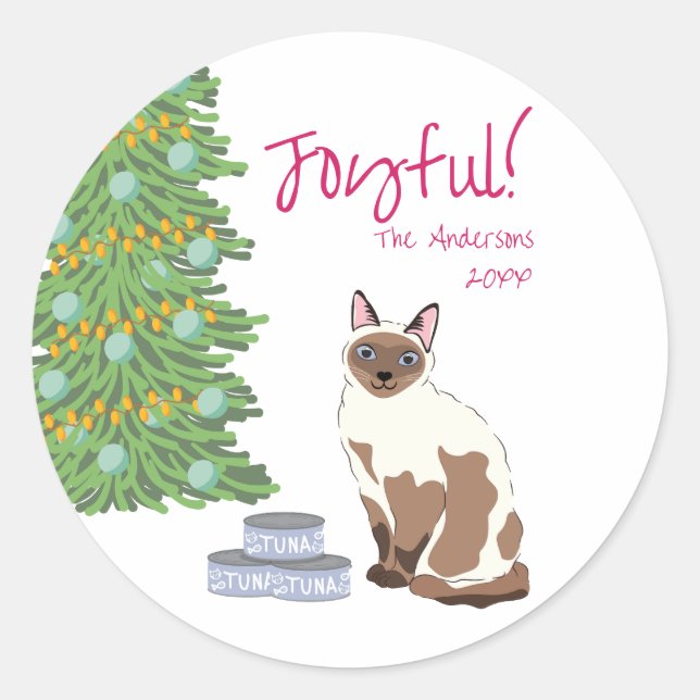 Adesivo Gato Siamês Fofo com Atum Natal Alegre  (Frente)