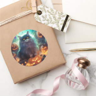 Adesivo Gato Siberiano De Halloween Com Pumpkins Assustado