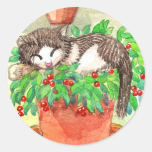 Adesivo Gato Sonolento na Planta