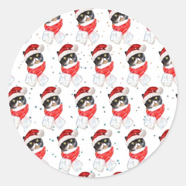 Adesivo Gato Tricolor de Natal Aquarela com Cachecol (Frente)