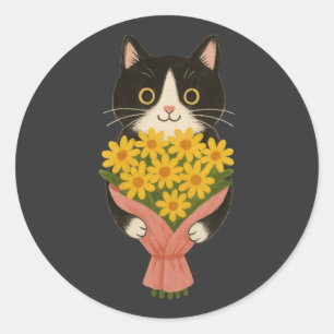Adesivo Gato Tuxedo Fofo com Buquê de Girassóis