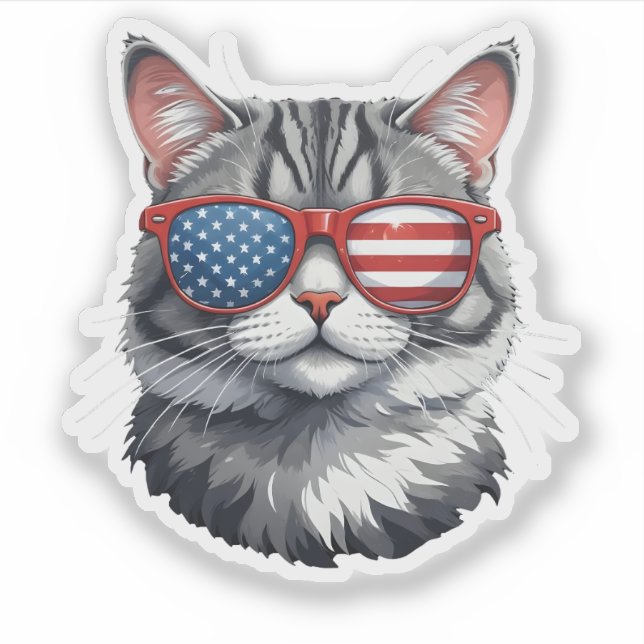 Adesivo Gato Vestindo óculos escuros bandeira americana 4º (Frente)