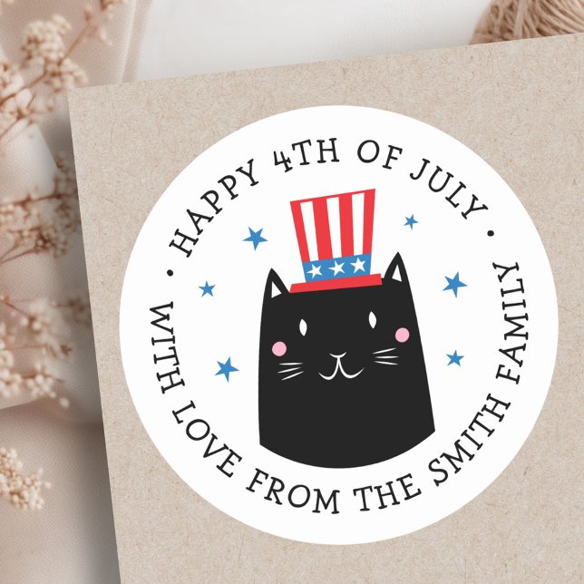 Adesivo Gato vestindo um chapéu patriótico 4 de julho (Cat wearing a patriotic hat 4th of July Classic Round Sticker)