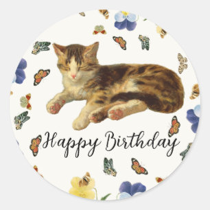 Adesivo Gato Vitoriano Floral Borboleta Feliz Aniversário
