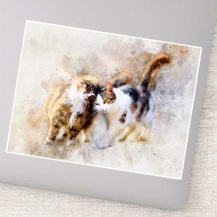 Adesivo Gatos de Aquarela Se Aninhando em Arte Abstrata Su