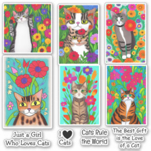 Adesivo Gatos de arte popular e flores coloridas