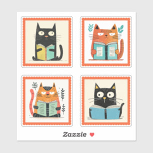 Adesivo Gatos De Nerdy Bonitos A Ler Livros Whimsic Stamp