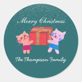 Adesivo Gatos festivos com caixa de presentes verde escuro