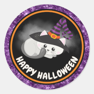 Adesivo Gatos Fofos Infantil & Glitter Roxo Feliz Hallowee