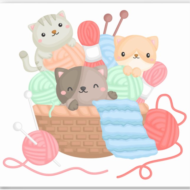 Adesivo Gatos No Vedante Da Cesta (A digital illustration depicts three cartoon cats nestled amongst balls of yarn and knitting needles)